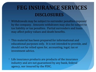 FEG INSURANCE SERVICES
                       DISCLOSURES
   Withdrawals may be subject to surrender penalties imposed
    by the company. Amounts withdrawn may also be subject to
    tax liability or tax penalties. Partial surrenders and loans
    may affect policy values and death benefits.

   This material has been prepared for informational and
    educational purposes only. It is not intended to provide, and
    should not be relied upon for, accounting, legal, tax or
    investment advice.

   Life insurance products are products of the insurance
    industry and are not guaranteed by any bank, federal
    agency, nor insured by the FDIC.
 