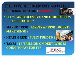 THE FIVE RETIREMENT GOTCHA’S
• PROCRASTINATION : ENEMY#1
• FEE’S : ARE EXCESSIVE AND HIDDEN FEE’S
     ACCEPTABLE ?
• MARKET RISK : ASSETS AT RISK…DOES IT
  MAKE SENSE ?
• HEALTH RISK : FULLY FUNDED ?
• TAXES : 16 TRILLION ON DEBT, WHO IS
  GOING TO PAY FOR IT?
                                        8
 
