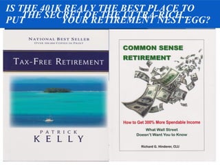 IS THE 401K REALY THE BEST PLACE TO
    THE SECRET OF THE ULTRA-RICH...
PUT        YOUR RETIREMENT NEST EGG?
                  “The ugly truth, is that the
                  401(k) is a LOUSY
                  PRODUCT, a FINANCIAL
                  FLOP...”
                               October 19, 2009
                      HIGH RISK!
                     HIGH TAXES!!!
                      HIGH FEES!!
                   What if you have a
                   way to "OPT OUT" of
                   the Tax System,
                   PAY LOWER FEES &
                   NEVER EVER LOSE
                   money again?
 