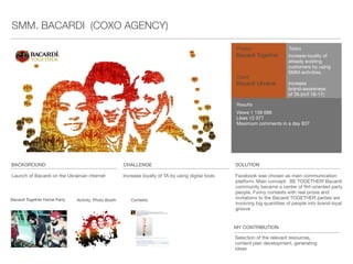 Sometimes it’s not enough just to see. Touching,
trying, playing, and entertainment stimulates
purchase
Development of a BTL instrument that would
combine functions of a demo tool and CRM tool
Demo application optimized for Samsung Galaxy
Tab based on ОС Android
Functions:
An interesting and entertaining way to demonstrate
the advantages of Henkel products to the
consumer
Monitoring the product range and arrangement in
retail stores
Preparing and sending daily promoter reports
(estimation of efﬁciency of the BTL agency)
Client
Henkel
Project
Interactive demo
application
Results
Software installed on tablets used by
promoters
117 retail outlets in 20 cities
Task
Development of an
interactive digital
instrument for BTL
activities by Henkel
MY CONTRIBUTION
Generating ideas
BACKGROUND CHALLENGE SOLUTION
HENKEL APPLICATION (COXO AGENCY)
 