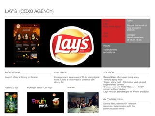 Launch of Bacardi on the Ukrainian internet Increase loyalty of TA by using digital tools Facebook was chosen as main communication
platform. Main concept: BE TOGETHER! Bacardi
community became a center of ﬂirt-oriented party
people. Funny contests with real prizes and
invitations to the Bacardi TOGETHER parties are
involving big quantities of people into brand-loyal
groove
Client
Bacardi Ukraine
Project
Bacardi Together
Results
Views 1 159 686
Likes 12 077
Maximum comments in a day 837
Bacardi Together Home Party Activity: Photo Booth
Tasks
increase loyalty of
already existing
customers by using
SMM-activities.
increase
brand-awareness
of TA (m/f 18-17)
SMM. BACARDI (COXO AGENCY)
Contests
MY CONTRIBUTION
Selection of the relevant resources,
content plan development, generating
ideas
BACKGROUND CHALLENGE SOLUTION
 