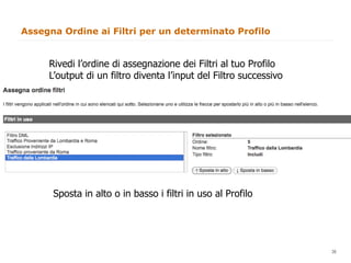 Assegna Ordine ai Filtri per un determinato Profilo


     Rivedi l’ordine di assegnazione dei Filtri al tuo Profilo
     L’output di un filtro diventa l’input del Filtro successivo




      Sposta in alto o in basso i filtri in uso al Profilo




                                                                   38
                                                                        38
 