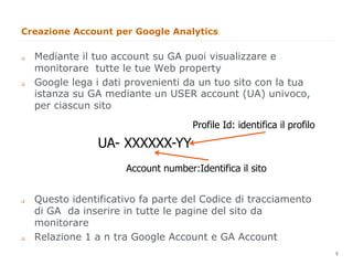 Creazione Account per Google Analytics

q    Mediante il tuo account su GA puoi visualizzare e
      monitorare tutte le tue Web property
q    Google lega i dati provenienti da un tuo sito con la tua
      istanza su GA mediante un USER account (UA) univoco,
      per ciascun sito
                                       Profile Id: identifica il profilo
                   UA- XXXXXX-YY
                        Account number:Identifica il sito


q    Questo identificativo fa parte del Codice di tracciamento
      di GA da inserire in tutte le pagine del sito da
      monitorare
q    Relazione 1 a n tra Google Account e GA Account
                                                                           6
                                                                               6
 