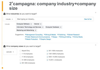 2 campagna: company industry+company
size
§ Company Industry: Computer Software,
Internet, Information Technology and Services,
Computer Hardware, Marketing and
Advertising
§ Company Size: Exclude: 201-500, 501-1000,
1001-5000, 5001-10,000, 10,000+
 