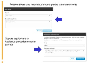 Posso salvare una nuova audience a partire da una esistente
Oppure aggiornare un
Audience precedentemente
salvata
 