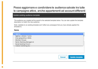 Posso aggiornare e condividere le audience salvate tra tutte
le campagne attive, anche appartenenti ad account differenti
 
