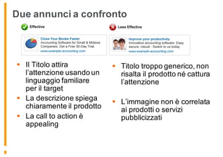 Due annunci a confronto
§ Il Titolo attira
l’attenzione usando un
linguaggio familiare
per il target
§ La descrizione spiega
chiaramente il prodotto
§ La call to action è
appealing
§ Titolo troppo generico, non
risalta il prodotto né cattura
l’attenzione
§ L’immagine non è correlata
ai prodotti o servizi
pubblicizzati
 