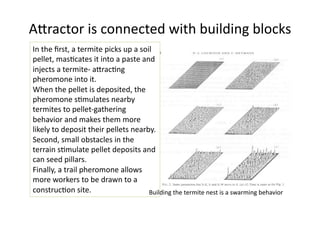 AAractor is connected with building blocks 
In the ﬁrst, a termite picks up a soil 
pellet, mas1cates it into a paste and 
injects a termite‐ aArac1ng 
pheromone into it.  
When the pellet is deposited, the 
pheromone s1mulates nearby 
termites to pellet‐gathering 
behavior and makes them more 
likely to deposit their pellets nearby.  
Second, small obstacles in the 
terrain s1mulate pellet deposits and 
can seed pillars.  
Finally, a trail pheromone allows 
more workers to be drawn to a 
construc1on site.                    Building the termite nest is a swarming behavior 
 