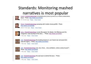 Standards: Monitoring mashed 
  narra1ves is most popular 
 