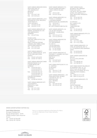 Norton is a registered trademark and Reshaping Your World
and iHD are trademarks of Saint-Gobain Abrasives.
Form #2811
www.construction.norton.eu
Saint-Gobain Abrasives
European Headquarters
Rue de l’Ambassadeur - B.P.8
F78702 Conflans-Saint-Honorine
France
Tel:	 +33 (0) 134 90 40 00
Fax:	+33 (0) 139 19 89 56
SAINT-GOBAIN ABRASIVES NV/SA
INDUSTRIELAAN 129
1070 ANDERLECHT
BRUSSELS
BELGIUM
TEL:	 +32 2 267 21 00
FAX:	 +32 2 267 84 24
SAINT-GOBAIN ABRASIVES, S.R.O.
POČERNICKÁ 272/96, MALEŠICE
108 00 PRAHA 10
CZECH REPUBLIC
TEL:	+420 255 719 326
FAX:	 +420 255 719 321
SAINT-GOBAIN ABRASIVES A/S
ROBERT JACOBSENS VEJ 62A
2300 KØBENHAVN S
DENMARK
TEL:	 +45 4675 5244
PO BOX 643706
FORTUNE TOWER OFFICE 2106
JLT BLOCK C
(NEXT TO METRO STATION)
JUMEIRA LAKE TOWER, DUBAI
UNITED ARAB EMIRATES
TEL:	 +971 4 431 5154
FAX:	 +971 4 431 5434
SAINT-GOBAIN ABRASIFS
RUE DE L’AMBASSADEUR - B.P.8
78 702 CONFLANS CEDEX
FRANCE
TEL:	 +33 (0)1 34 90 40 00
FAX:	 +33 (0)1 39 19 89 56
SAINT-GOBAIN ABRASIVES GMBH
BIRKENSTRASSE 45-49
D-50389 WESSELING
GERMANY
TEL:	+49 (0) 2236 703-1
+49 (0) 2236 8996-0
+49 (0) 2236 8911-0
FAX:	+49 (0) 2236 703-367
+49 (0) 2236 8996-10
+49 (0) 2236 8911-30
FÜR DEN FACHHANDEL
ÖSTERREICH
TEL:	+43 (00) 662 430 076
SAINT-GOBAIN ABRASIVES KFT.
1225 BUDAPEST
BÁNYALÉG U. 60/B.
HUNGARY
TEL:	 +36 1 371 22 50
FAX:	 +36 1 371 22 55
SAINT-GOBAIN ABRASIVI S.P.A
VIA PER CESANO BOSCONE 4
I-20094 CORSICO MILANO
ITALY
TEL:	 +39 02 44 851
FAX:	 +39 02 44 78 266
SAINT-GOBAIN ABRASIVES S.A.
190 RUE J.F. KENNEDY
L-4930 BASCHARAGE
GRAND DUCHE DE LUXEMBOURG
TEL:	 +352 50 401 1
FAX:	 +352 50 16 33
NO. VERT (FRANCE) 0800 906 903
SAINT-GOBAIN ABRASIFS, S.A.
2 ALLÉE DES FIGUIERS
AIN SEBAÂ - CASABLANCA
MOROCCO
TEL:	 +212 5 22 66 57 31
FAX:	 +212 5 22 35 09 65
SAINT-GOBAIN ABRASIVES BV
GROENLOSEWEG 28
7151 HW EIBERGEN
P.O. BOX 10
7150 AA EIBERGEN
THE NETHERLANDS
TEL:	 +31 545 466466
FAX:	 +31 545 474605
SAINT-GOBAIN ABRASIVES AS
POSTBOKS 11, ALNABRU, 0614 OSLO
BROBEKKVEIEN 84
0582 OSLO
NORWAY
TEL:	 +47 63 87 06 00
FAX:	 +47 63 87 06 01
SAINT-GOBAIN HPM POLSKA SP. Z O.O.
UL. NORTON 1
62-600 KOŁO
POLAND
TEL:	 +48 63 26 17 100
FAX:	 +48 63 27 20 401
SAINT-GOBAIN ABRASIVOS, L. DA
ZONA INDUSTRIAL DA MAIA
I-SECTOR VIII, NO. 122
APARTADO 6050
4476 - 908 MAIA
PORTUGAL
TEL:	 +351 229 437 940
FAX:	 +351 229 437 949
SAINT-GOBAIN GLASS,
BUSINESS UNIT ABRASIVI
PUNCT DE LUCRU:
LOC.VETIS, JUD. SATU MARE
447355, STR. CAREIULUI 11,
PARC INDUSTRIAL RENOVATIO
ROMANIA
TEL:	 +40 261 839 709
FAX:	 +40 261 839 710
SG HPM RUS
58, F. ENGELS STR.
STROENIE 2
105082 MOSCOW
RUSSIA
TEL:	 +74 955 408 355
FAX:	 +74 959 373 224
SAINT-GOBAIN ABRASIVES (PTY) LTD
2 MONTEER ROAD
ISANDO 1600
P.O. BOX 67
SOUTH AFRICA
TEL:	 +27 11 961 2000
FAX:	 +27 11 961 2184/5
SAINT-GOBAIN ABRASIVOS, S.A.
CTRA. DE GUIPÚZCOA, KM. 7,5
E-31195 BERRIOPLANO (NAVARRA)
SPAIN
TEL:	 +34 948 306 000
FAX:	 +34 948 306 042
SAINT-GOBAIN ABRASIVES AB
BOX 495
SE-191 24 SOLLENTUNA
SWEDEN
TEL:	 +46 8 580 881 00
FAX:	 +46 8 580 881 01
SAINT-GOBAIN INOVATIF MALZEMELER
VE AŞINDIRICI SAN. TIC. A.Ş.
GOLD PLAZA, ALTAY ÇEŞME
MAHALLESI, ÖZ SOKAK, NO:19/16
34843 MALTEPE-ISTANBUL ,
TURKEY
TEL:	 0090-216-217 12 50
FAX:	 0090-216-442 40 74
SAINT-GOBAIN ABRASIVES LTD.
DOXEY RD
STAFFORD
ST16 1EA
UNITED KINGDOM
TEL:	 +44 1785 279 553
FAX:	 +44 1785 213 487
 