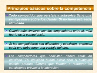 Principios básicos sobre la competencia  Todo competidor que persiste y sobrevive tiene una ventaja única sobre los demás. Si no fuera así, sería eliminado. Cuanto más similares son los competidores entre sí, más fuerte es la competencia. Si los competidores son diferentes y coexisten, entonces cada uno debe tener una ventaja del otro. Los competidores que coexisten deben estar en equilibrio. Tal equilibrio puede existir sólo si cualquier cambio produce fuerzas que tienden a restaurar las condiciones previas a la alteración. 