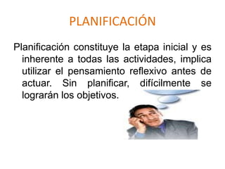 PLANIFICACIÓNPlanificación constituye la etapa inicial y es inherente a todas las actividades, implica utilizar el pensamiento reflexivo antes de actuar. Sin planificar, difícilmente se lograrán los objetivos.