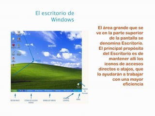 El escritorio de
       Windows
                    El área grande que se
                   ve en la parte superior
                          de la pantalla se
                     denomina Escritorio.
                    El principal propósito
                       del Escritorio es de
                          mantener allí los
                        iconos de accesos
                    directos o atajos, que
                   lo ayudarán a trabajar
                            con una mayor
                                 eficiencia
 
