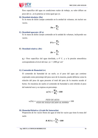 MECÁNICA DE SUELOS

Peso específico del agua en condiciones reales de trabajo, su valor difiere un
poco del γo , en la práctica se toma igual que γo.
D) Densidad absoluta: (Da)
Es la masa de dicho cuerpo contenido en la unidad de volumen, sin incluir sus
vacíos.

E) Densidad aparente: (D´a)
Es la masa de dicho cuerpo contenido en la unidad de volumen, incluyendo sus
vacíos.

F) Densidad relativa: (Dr)

= Peso específico del agua destilada, a 4º C. y a la presión atmosférica
correspondiente al nivel del mar. γo = 1,000 gr/ cm³

G) Contenido de Humedad (w)
El contenido de humedad de un suelo, es el peso del agua que contiene
expresado como porcentaje del peso seco de la muestra, puede definirse como la
relación del peso de agua presente al total del peso de la muestra secada al
horno. En mecánica de suelos el contenido de humedad ω está referido al peso
del material seco y se expresa en porcentaje.

H) Humedad Relativa: (Grado De Saturación)
Proporción de los vacíos llenos de agua al total de vacíos que tiene la masa del
suelo

Ing. SHEYLA CORNEJO RODRIGUEZ

16

 