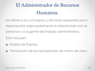 El Administrador de Recursos
                              Humanos.
Se refiere a los conceptos y técnicas requeridas para
desempeñar adecuadamente lo relacionado con el
personal o a la gente del trabajo administrativo.

Esta incluyen:

   Análisis de Puestos.

    Planeación de las necesidades de mano de obra.




 Ing. Marianela Portillo B.                             18
 