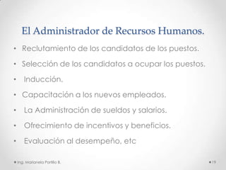 El Administrador de Recursos Humanos.
• Reclutamiento de los candidatos de los puestos.

• Selección de los candidatos a ocupar los puestos.

•      Inducción.

• Capacitación a los nuevos empleados.

•      La Administración de sueldos y salarios.

•      Ofrecimiento de incentivos y beneficios.

•      Evaluación al desempeño, etc

    Ing. Marianela Portillo B.                        19
 