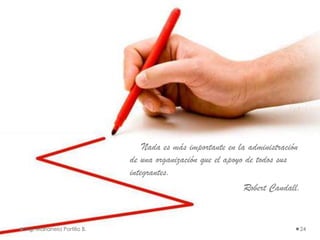 Nada es más importante en la administración
                             de una organización que el apoyo de todos sus
                             integrantes.
                                                             Robert Candall.


Ing. Marianela Portillo B.                                                 24
 