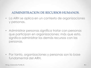 ADMINISTRACION DE RECURSOS HUMANOS.
• La ARH se aplica en un contexto de organizaciones
  y personas.

• Administrar personas significa tratar con personas
  que participan en organizaciones: más que esto,
  significa administrar los demás recursos con las
  personas.



• Por tanto, organizaciones y personas son la base
  fundamental del ARH.

 Ing. Marianela Portillo B.                            4
 