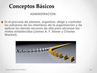 Conceptos Básicos
                               ADMINISTRACION:

Es el proceso de planear, organizar, dirigir y controlar
los esfuerzos de los miembros de la organización y de
aplicar los demás recursos de ella para alcanzar las
metas establecidas (James A. F. Stoner y Charles
Wankel).




  Ing. Marianela Portillo B.                               5
 