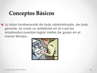 Conceptos Básicos
La labor fundamental de todo administrador, de todo
gerente, es crear un ambiente en el cual los
empleados puedan lograr metas de grupo en el
menor tiempo.




 Ing. Marianela Portillo B.                           6
 