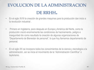 EVOLUCION DE LA ADMINISTRACION
                                 DE RRHH            .
• En el siglo XVIII la creación de grandes maquinas para la producción dan inicio a
  la revolución industrial .

•      Primero en Inglaterra, poco después en Europa y América del Norte, como la
      producción creció enormemente las condiciones de hacinamiento, peligro e
      inseguridad dio como resultado la creación de algunas organizaciones de
      “Departamento de Bienestar de personal”, lo que hoy llamamos departamento de
      personal.

• En el siglo XX se incorpora todos los conocimientos de la ciencia y tecnología a la
  administración, así se inicia el movimiento de la “Administración Científica” o
  taylorismo.



    Ing. Marianela Portillo B.                                                          9
 