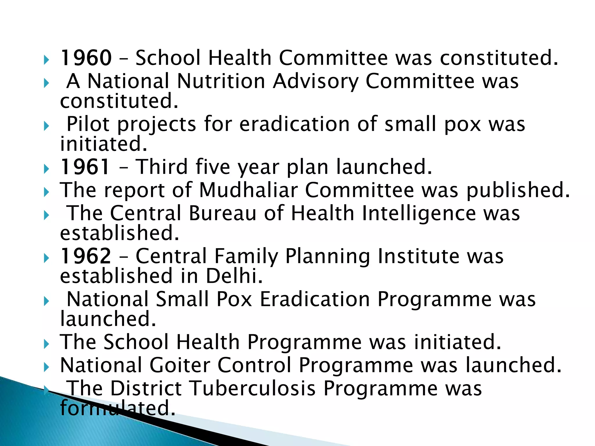  1960 – School Health Committee was constituted.
 A National Nutrition Advisory Committee was
constituted.
 Pilot projects for eradication of small pox was
initiated.
 1961 – Third five year plan launched.
 The report of Mudhaliar Committee was published.
 The Central Bureau of Health Intelligence was
established.
 1962 – Central Family Planning Institute was
established in Delhi.
 National Small Pox Eradication Programme was
launched.
 The School Health Programme was initiated.
 National Goiter Control Programme was launched.
 The District Tuberculosis Programme was
formulated.
 