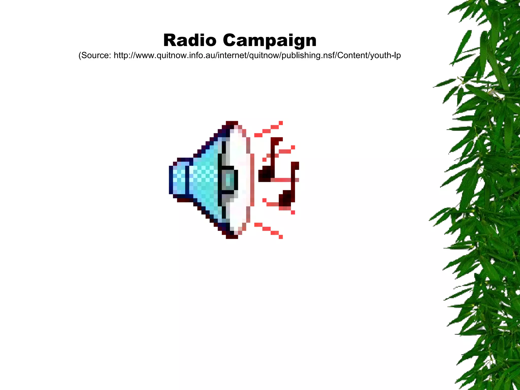 Radio Campaign (Source: http://www.quitnow.info.au/internet/quitnow/publishing.nsf/Content/youth-lp 