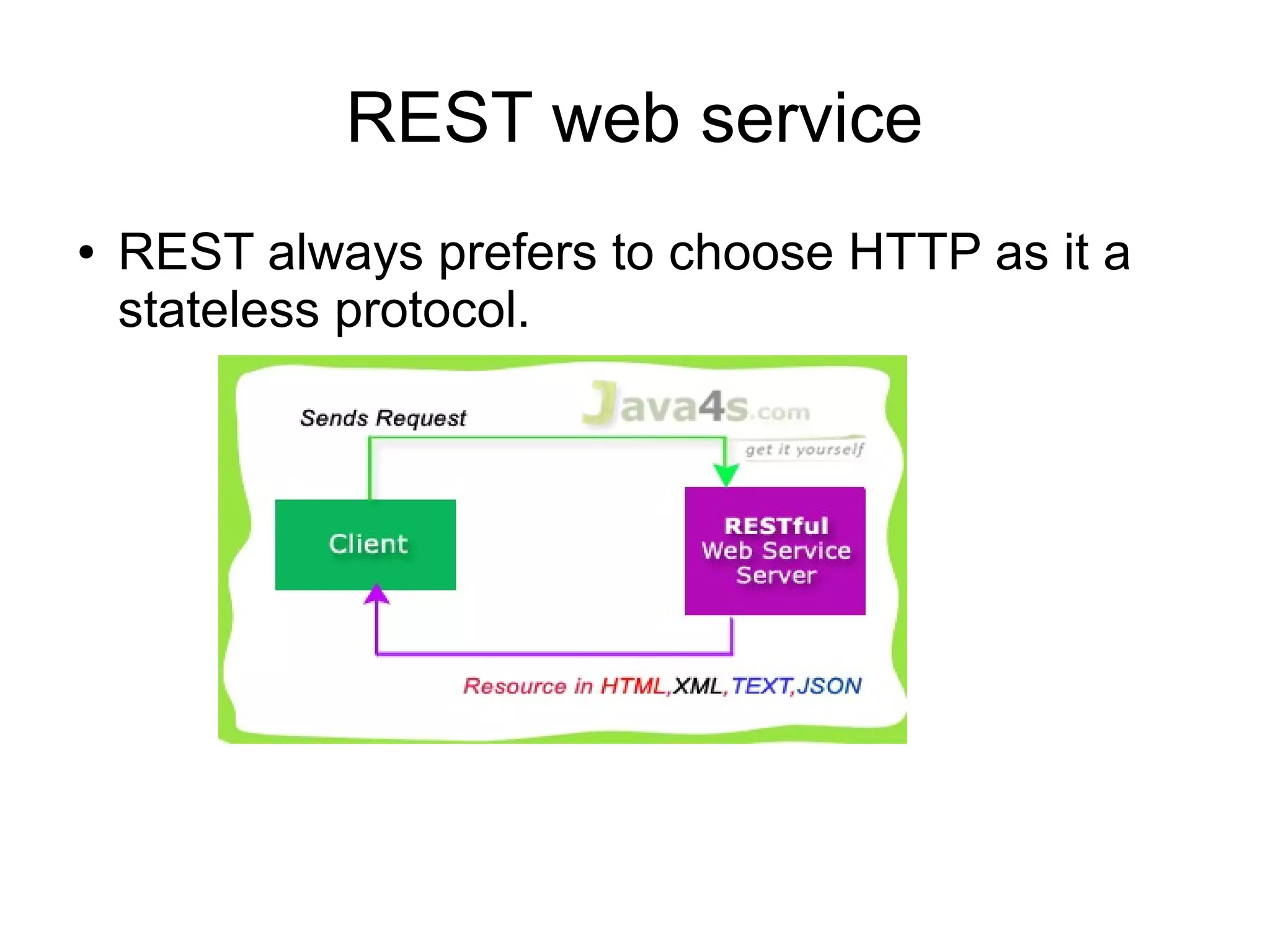 REST web service
● REST always prefers to choose HTTP as it a
stateless protocol.
 