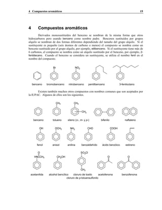 4 Compuestos aromáticos 19
4 Compuestos aromáticos
Derivados monosustituidos del benceno se nombran de la misma forma que otros
hidrocarburos pero usando benceno como nombre padre. Bencenos sustituidos por grupos
alquilo se nombran de dos formas diferentes dependiendo del tamaño del grupo alquilo. Si el
sustituyente es pequeño (seis átomos de carbono o menos) el compuesto se nombra como un
benceno sustituido por el grupo alquilo, por ejemplo, etilbenceno. Si el sustituyente tiene más de
6 carbonos, el compuesto se nombra como un alquilo sustituido por el benceno, por ejemplo, 2-
fenildecano. Cuando el benceno se considera un sustituyente, se utiliza el nombre fenil en el
nombre del compuesto.
Br NO2
bromobenceno nitrobenceno pentilbenceno 3-feniloctanobenceno
Existen también muchos otros compuestos con nombres comunes que son aceptados por
la IUPAC. Algunos de ellos son los siguientes.
naftalenobifenilotoluenobenceno
CH3
CH3
xileno (o-, m- y p-)
CH3
estirenoácido benzóicobenzaldehídoanilinafenol
OH NH2 CHO COOHOCH3
anisol
benzofenonaacetofenona
cloruro de p-toluensulfonilo
cloruro de tosiloalcohol bencílicoacetanilida
OO
SO2Cl
CH3
CH2OHHNCCH3
O
 