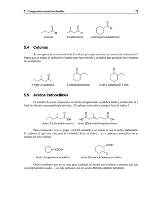 5 Compuestos monofuncionales 23
H
O
H
O
butanal 3-metilbutanal
O
H
ciclohexanocarbaldehído
5.4 Cetonas
Se reemplaza la terminación o de la cadena principal con ona, se numera la cadena de tal
forma que se asigne al carbonilo el índice más bajo posible y se indica esta posición en el nombre
del compuesto.
2-etil-2-ciclohexen-1-ona
O
2-etilciclohexanona4-metil-2-hexanona
O
O
5.5 Acidos carboxílicos
El nombre de estos compuestos se forma anteponiendo la palabra ácido y cambiando la o
final del alcano correspondiente por oico. El carbono carboxílico siempre lleva el índice 1.
OH
O
HO OH
O O
ácido 3,5-dimetilhexanoico ácido (E)-3-metil-4-heptenodioico
Para compuestos con el grupo –COOH enlazado a un anillo se usa el sufijo carboxílico.
El carbono al que está enlazado el carboxilo lleva el índice 1 y el carbono carbonílico no se
numera en este sistema.
COOH
Cl
ácido 2-clorociclohexanocarboxílico
1
2COOH
ácido ciclopentanocarboxílico
Debe recordarse que existe una gran cantidad de ácidos con nombres comunes que aún
son ampliamente usados. Los más comunes son los ácidos fórmico, acético, benzoico.
 