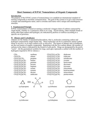 Short Summary of IUPAC Nomenclature of Organic Compounds
Introduction
The purpose of the IUPAC system of nomenclature is to establish an international standard of
naming compounds to facilitate communication. The goal of the system is to give each structure
a unique and unambiguous name, and to correlate each name with a unique and unambiguous
structure.
I. Fundamental Principle
IUPAC nomenclature is based on naming a molecule’s longest chain of carbons connected by
single bonds, whether in a continuous chain or in a ring. All deviations, either multiple bonds or
atoms other than carbon and hydrogen, are indicated by prefixes or suffixes according to a
specific set of priorities.
II. Alkanes and Cycloalkanes
Alkanes are the family of saturated hydrocarbons, that is, molecules containing carbon and
hydrogen connected by single bonds only. These molecules can be in continuous chains (called
linear or acyclic), or in rings (called cyclic or alicyclic). The names of alkanes and cycloalkanes
are the root names of organic compounds. Beginning with the five-carbon alkane, the number of
carbons in the chain is indicated by the Greek or Latin prefix. Rings are designated by the prefix
“cyclo”. (In the geometrical symbols for rings, each apex represents a carbon with the number of
hydrogens required to fill its valence.)
CH4 methane CH3[CH2]10CH3 dodecane
CH3CH3 ethane CH3[CH2]11CH3 tridecane
CH3CH2CH3 propane CH3[CH2]12CH3 tetradecane
CH3[CH2]2CH3 butane CH3[CH2]18CH3 icosane
CH3[CH2]3CH3 pentane CH3[CH2]19CH3 henicosane
CH3[CH2]4CH3 hexane CH3[CH2]20CH3 docosane
CH3[CH2]5CH3 heptane CH3[CH2]21CH3 tricosane
CH3[CH2]6CH3 octane CH3[CH2]28CH3 triacontane
CH3[CH2]7CH3 nonane CH3[CH2]29CH3 hentriacontane
CH3[CH2]8CH3 decane CH3[CH2]38CH3 tetracontane
CH3[CH2]9CH3 undecane CH3[CH2]48CH3 pentacontane
cyclooctane
cycloheptane
cyclohexane
cyclopentane
cyclobutane
cyclopropane
C
C
C
H H
H
H
H
H
 