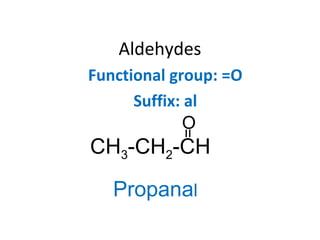 Aldehydes
Functional group: =O
Suffix: al
CH3-CH2-CH
=
O
Propanal
 