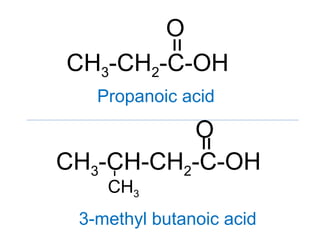 CH3-CH2-C-OH
=
O
Propanoic acid
CH3-CH-CH2-C-OH
CH3
=
O
3-methyl butanoic acid
 