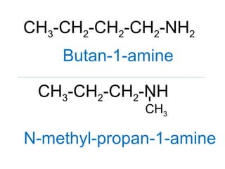CH3-CH2-CH2-CH2-NH2
Butan-1-amine
CH3-CH2-CH2-NH
CH3
-N-methyl-propan-1-amine
 