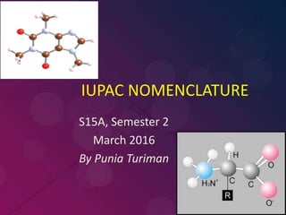 IUPAC NOMENCLATURE
S15A, Semester 2
March 2016
By Punia Turiman
 