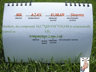   MR.  AJAY  KUMAR  Sharma Similarly, the compound  H 3 C  CH=CH  CH 2 OH is systematically named as:    CH 3     3-Methylbut-2-ene-1-ol PREFIX WORD ROOT PRIMARY  SUFFIX SECONDARY SUFFIX PREFIX WORD  ROOT PRIMARY  SUFFIX SECONDARY  SUFFIX 