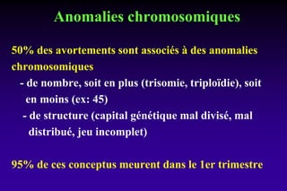 Anomalies chromosomiques
50% des avortements sont associés à des anomalies
chromosomiques
- de nombre, soit en plus (trisomie, triploïdie), soit
en moins (ex: 45)
- de structure (capital génétique mal divisé, mal
distribué, jeu incomplet)
95% de ces conceptus meurent dans le 1er trimestre
 