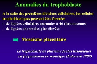 Anomalies du trophoblaste
A la suite des premières divisions cellulaires, les cellules
trophoblastiques peuvent être formées
- de lignées cellulaires normales à 46 chromosomes
- de lignées anormales plus élevées
Mosaïsme placentaire
Le trophoblaste de plusieurs foetus trisomiques
est fréquemment en mosaïque (Kalousek 1989)
 