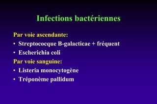 Infections bactériennes
Par voie ascendante:
• Streptococque B-galacticae + fréquent
• Escherichia coli
Par voie sanguine:
• Listeria monocytogène
• Tréponème pallidum
 