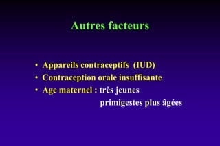 Autres facteurs
• Appareils contraceptifs (IUD)
• Contraception orale insuffisante
• Age maternel : très jeunes
primigestes plus âgées
 