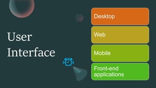 User
Interface
Desktop
Web
Mobile
Front-end
applications
 