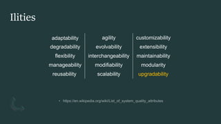 Ilities
adaptability​ agility​ customizability​
degradability​ evolvability​ extensibility​
flexibility​ interchangeability​ maintainability​
manageability​ modifiability​ modularity​
reusability ​ scalability​ upgradability​
 