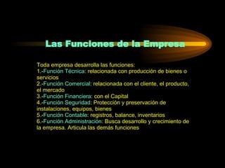 Las Funciones de la Empresa Toda empresa desarrolla las funciones: 1.- Función Técnica : relacionada con producción de bienes o servicios 2.- Función Comercial : relacionada con el cliente, el producto, el mercado 3.- Función Financiera : con el Capital 4.- Función Seguridad : Protección y preservación de instalaciones, equipos, bienes 5.- Función Contable : registros, balance, inventarios 6.- Función Administración : Busca desarrollo y crecimiento de la empresa. Articula las demás funciones 