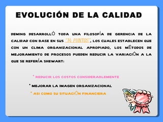 DEMING DESARROLLÓ TODA UNA FILOSOFÍA DE GERENCIA DE LA CALIDAD CON BASE EN SUS  “14 PUNTOS” , LOS CUALES ESTABLECEN QUE CON UN CLIMA ORGANIZACIONAL APROPIADO, LOS MÉTODOS DE MEJORAMIENTO DE PROCESOS PUEDEN REDUCIR LA VARIACIÓN A LA QUE SE REFERÍA SHEWART: REDUCIR LOS COSTOS CONSIDERABLEMENTE MEJORAR LA IMAGEN ORGANIZACIONAL ASI COMO SU SITUACIÓN FINANCIERA EVOLUCIÓN DE LA CALIDAD 