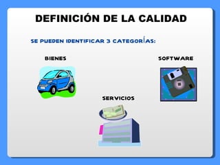 DEFINICIÓN DE LA CALIDAD SE PUEDEN IDENTIFICAR 3 CATEGORÍAS: BIENES SOFTWARE SERVICIOS 