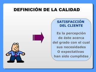 Es la percepción de éste acerca  del grado con el cual sus necesidades  O expectativas  han sido cumplidas SATISFACCIÓN  DEL CLIENTE DEFINICIÓN DE LA CALIDAD 