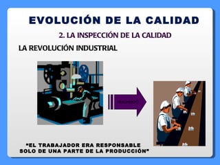 EVOLUCIÓN DE LA CALIDAD LA REVOLUCIÓN INDUSTRIAL FRAGMENTÓ “ EL TRABAJADOR ERA RESPONSABLE SOLO DE UNA PARTE DE LA PRODUCCIÓN” 2. LA INSPECCIÓN DE LA CALIDAD 