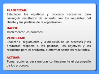 PLANIFICAR: Establecer los objetivos y procesos necesarios para conseguir resultados de acuerdo con los requisitos del cliente y las políticas de la organización. HACER: Implementar los procesos. VERIFICAR: Realizar el seguimiento y la medición de los procesos y los productos respecto a las políticas, los objetivos y los requisitos para el producto, e informar sobre los resultados. ACTUAR: Tomar acciones para mejorar continuamente el desempeño de los procesos.  