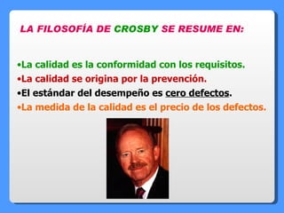 LA FILOSOFÍA DE  CROSBY  SE RESUME EN: La calidad es la conformidad con los requisitos. La calidad se origina por la prevención. El estándar del desempeño es  cero defectos . La medida de la calidad es el precio de los defectos. 