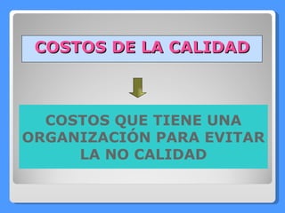 COSTOS DE LA CALIDAD COSTOS QUE TIENE UNA ORGANIZACIÓN PARA EVITAR LA NO CALIDAD 